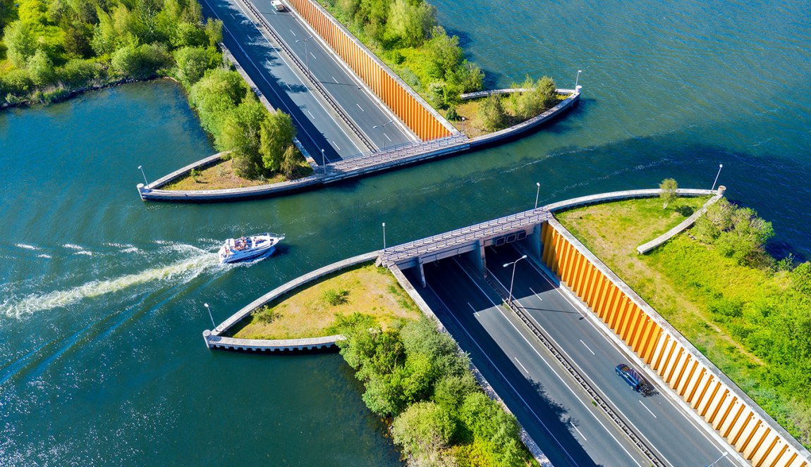 Aqueduct Veluwemeer, aerial view from the drone. A sailboat sails through the aqueduct on the lake above the highway Harderwijk