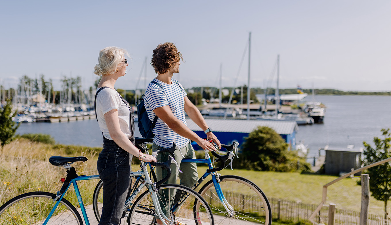 Couple on bikes looking out over Lauwersmeer 