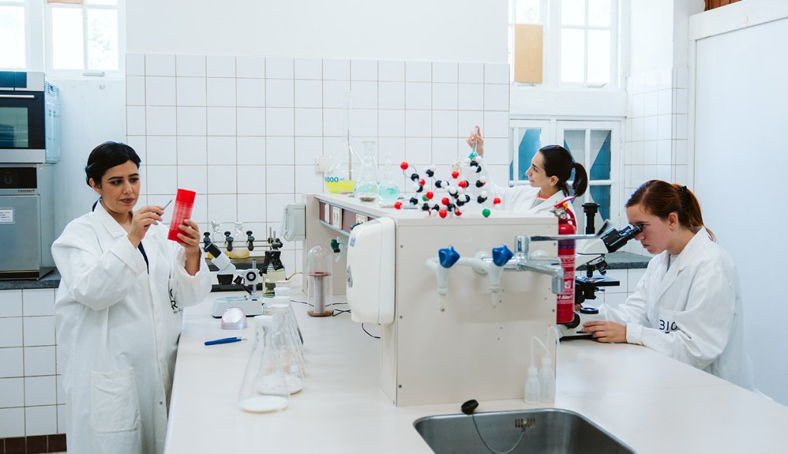 Portraitphoto Jalila Essaidi with colleagues in the lab