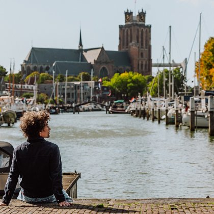 Dordrecht New harbor and Grote Kerk sitting at the water's edge