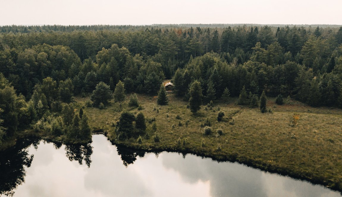 Bird view Drenthe forests and lake with vacation cabin