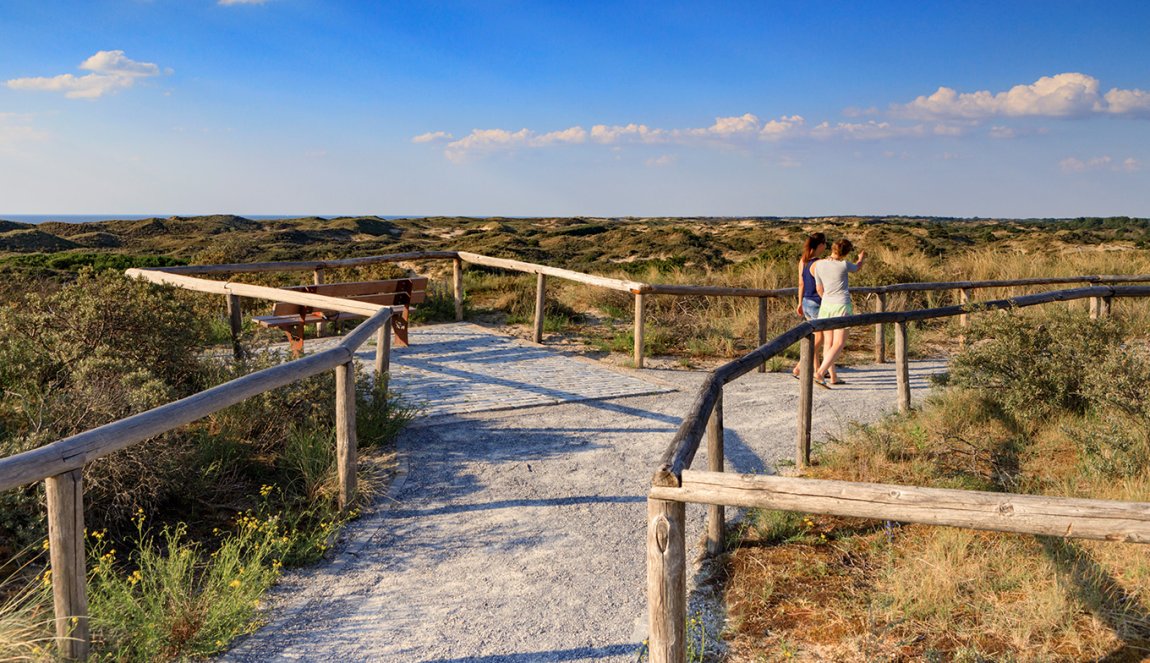 Two girlfriends walk through the dunes of the Holland Dunes to the beach