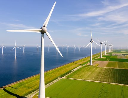 Windmills turbines generating electricity, green energy the Netherlands