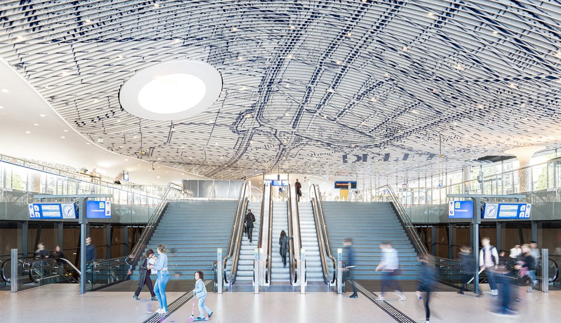 Station Delft with aluminium slats depicting a historic city map of Delft