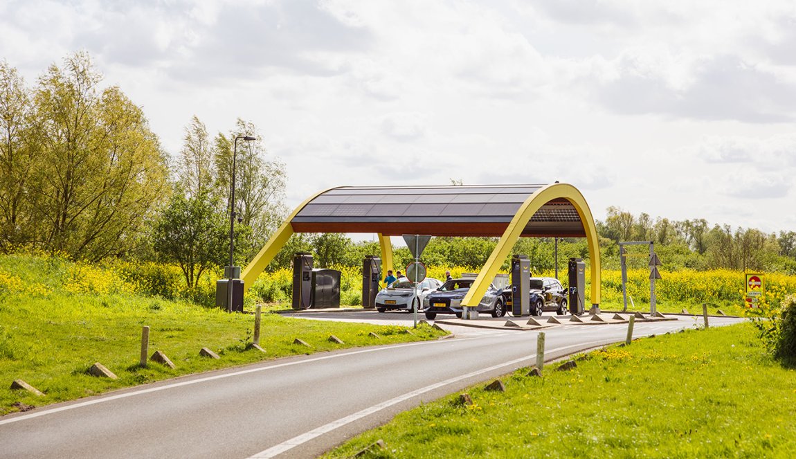 Electric cars at a charging station in the Netherlands